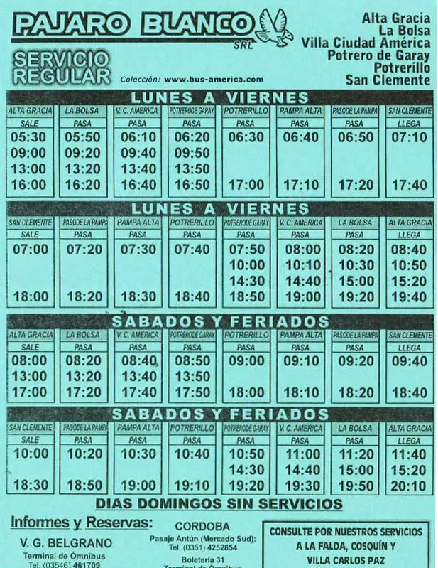 horarios pájaro blanco alta gracia potrero de garay - Cuánto sale el colectivo de Córdoba a Alta Gracia